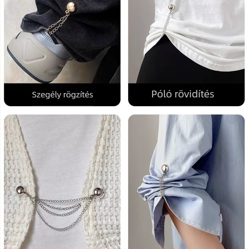 Láncra szerelhető mágneses tapadókorongos csat a nadrágszár hosszának és a mandzsetta hosszának módosításához, levehető, szegmentes, varrásmentes fém lábcsat