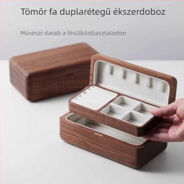 Fekete diófa ékszerdoboz esküvői ajándék kompakt háromrészes arany nyaklánc hardver karkötő tömörfa ékszertároló doboz