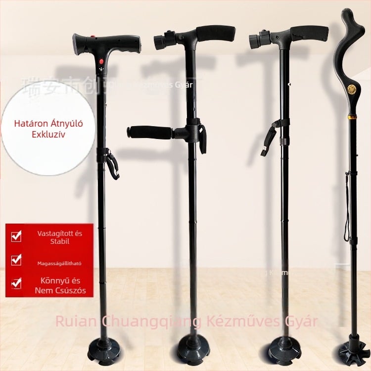 Csúszásgátló sétabot, négylábú mankók, alumíniumötvözetből készült teleszkópos összecsukható könnyű mankók, többfunkciós mankók könnyű beállítással