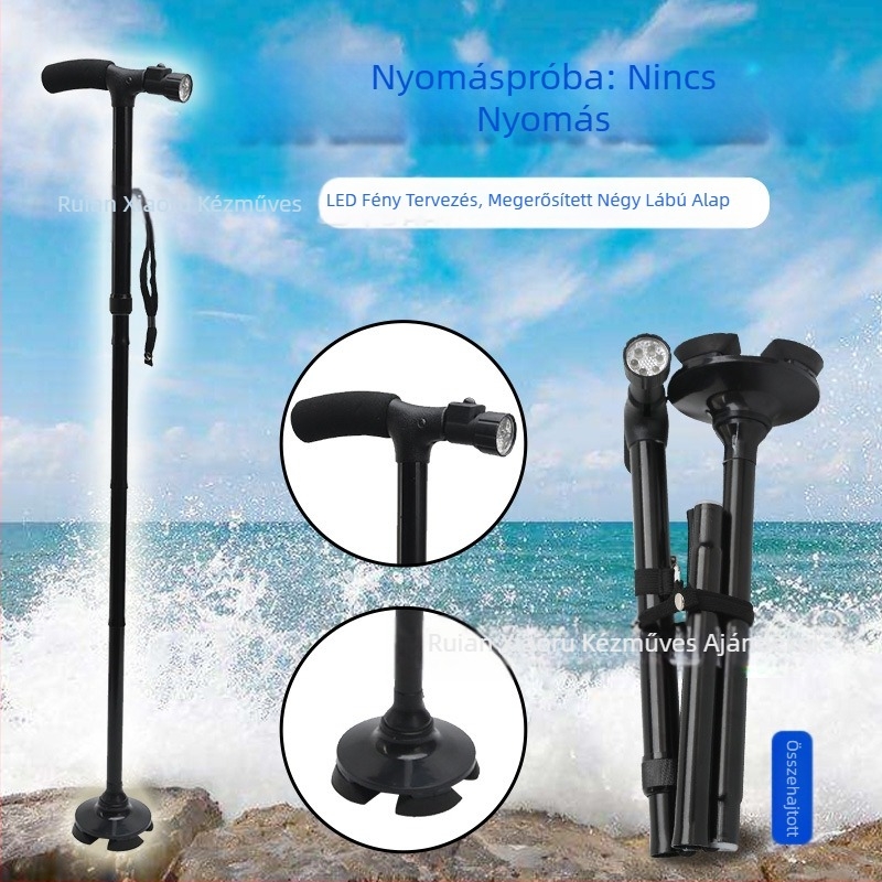 Csúszásgátló sétabot, négylábú mankók, alumíniumötvözetből készült teleszkópos összecsukható könnyű mankók, többfunkciós mankók könnyű beállítással