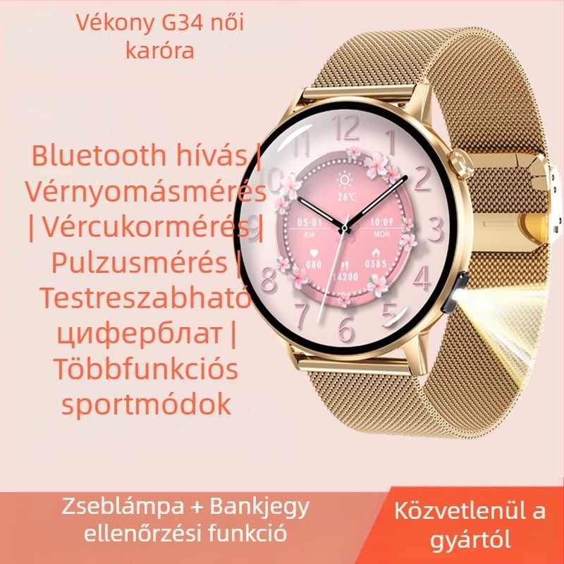 Határokon átnyúló új divatos női G34 okosóra pulzusmérővel, vérnyomásmérővel, vér oxigénnel, Bluetooth hívásfigyelővel, többfunkciós modellel