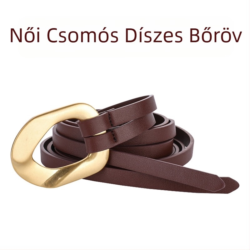 Újszerű női csomós csatos vékony öv, női ruha, karcsúsított derékvédő, hosszú öv, divatos arany csatos marhabőr öv