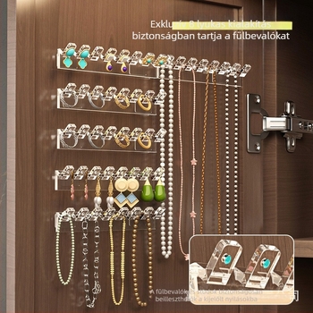 Tükrös szekrényajtó hátuljára akasztható láncos tárolóállvány, kézi láncos fülbevaló, összekapcsolt soros akasztók, gubancolódásgátló, falra szerelhető, fúrásmentes ékszerállvány