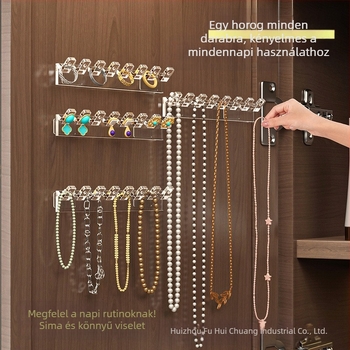 Tükrös szekrényajtó hátuljára akasztható láncos tárolóállvány, kézi láncos fülbevaló, összekapcsolt soros akasztók, gubancolódásgátló, falra szerelhető, fúrásmentes ékszerállvány