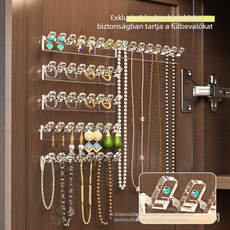 Tükrös szekrényajtó hátuljára akasztható láncos tárolóállvány, kézi láncos fülbevaló, összekapcsolt soros akasztók, gubancolódásgátló, falra szerelhető, fúrásmentes ékszerállvány