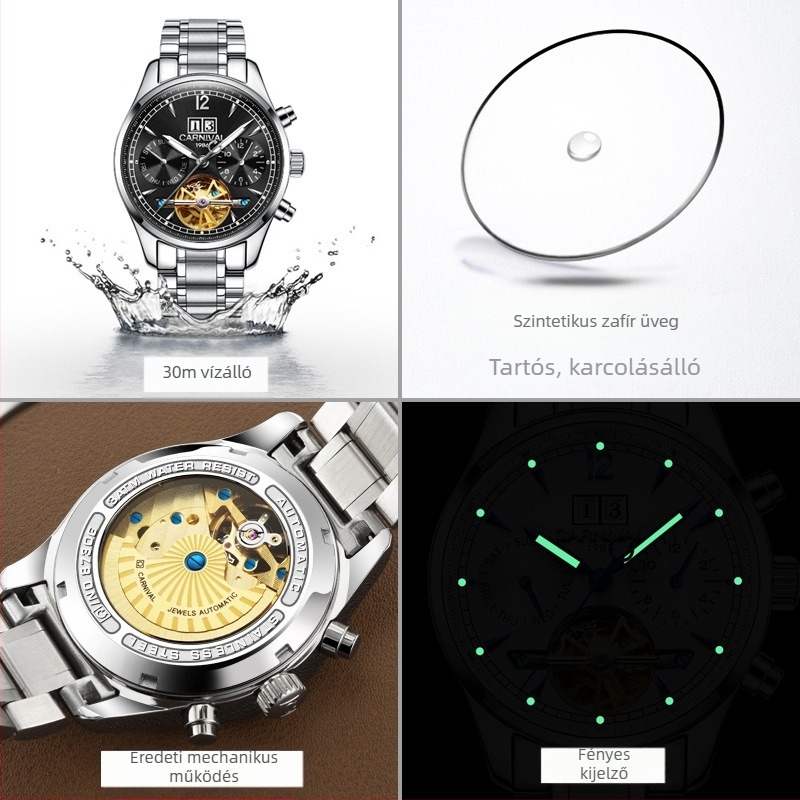 Carnival férfi automata mechanikus karóra, vízálló, divatos, üzleti, többfunkciós óra, 8730-as generáció