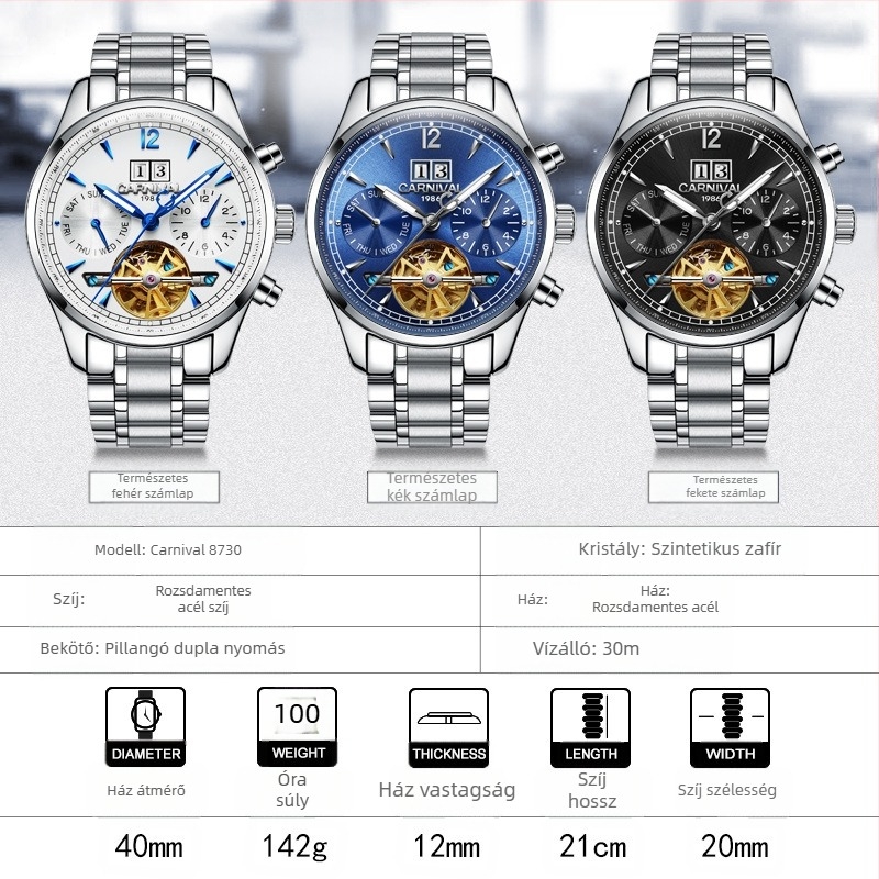 Carnival férfi automata mechanikus karóra, vízálló, divatos, üzleti, többfunkciós óra, 8730-as generáció