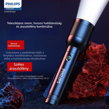 Philips taktikai lézeres zseblámpa, erős fényű, töltésre alkalmas, szuperfényes, hordozható, kültéri, nagy hatótávolságú, háztartási, multifunkcionális zoomos zseblámpa