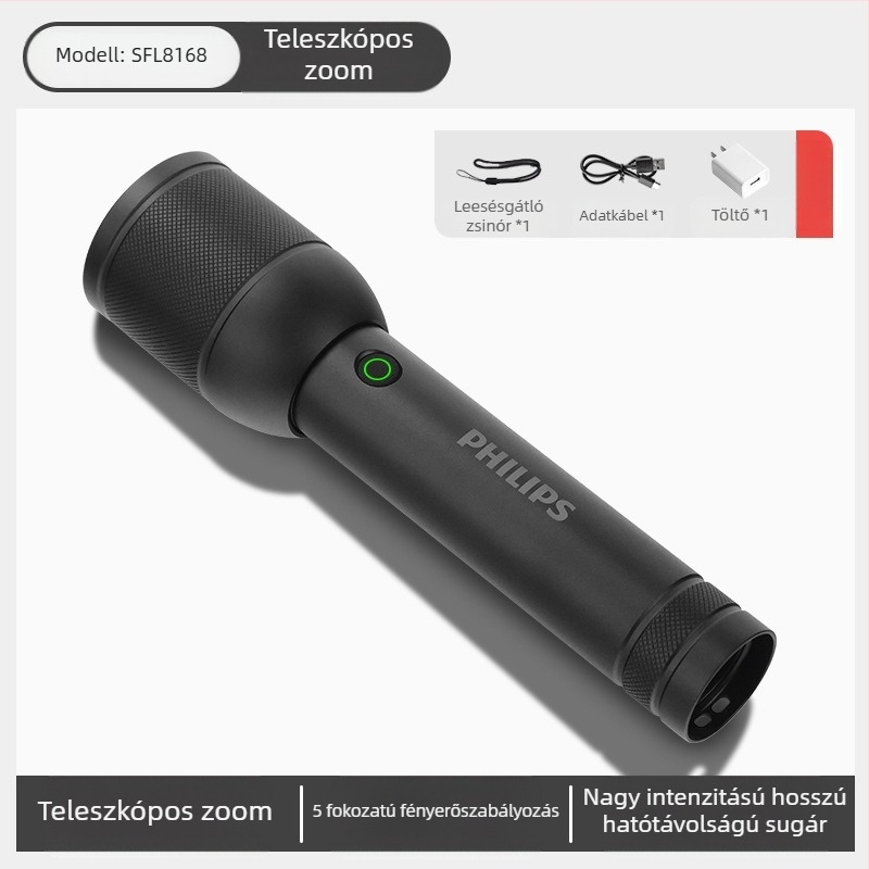 Philips taktikai lézeres zseblámpa, erős fényű, töltésre alkalmas, szuperfényes, hordozható, kültéri, nagy hatótávolságú, háztartási, multifunkcionális zoomos zseblámpa