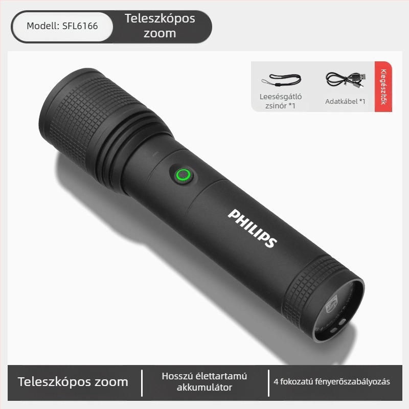 Philips taktikai lézeres zseblámpa, erős fényű, töltésre alkalmas, szuperfényes, hordozható, kültéri, nagy hatótávolságú, háztartási, multifunkcionális zoomos zseblámpa