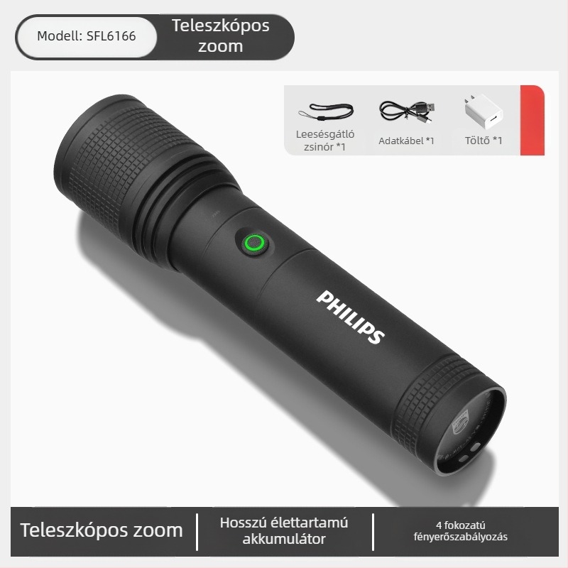 Philips taktikai lézeres zseblámpa, erős fényű, töltésre alkalmas, szuperfényes, hordozható, kültéri, nagy hatótávolságú, háztartási, multifunkcionális zoomos zseblámpa