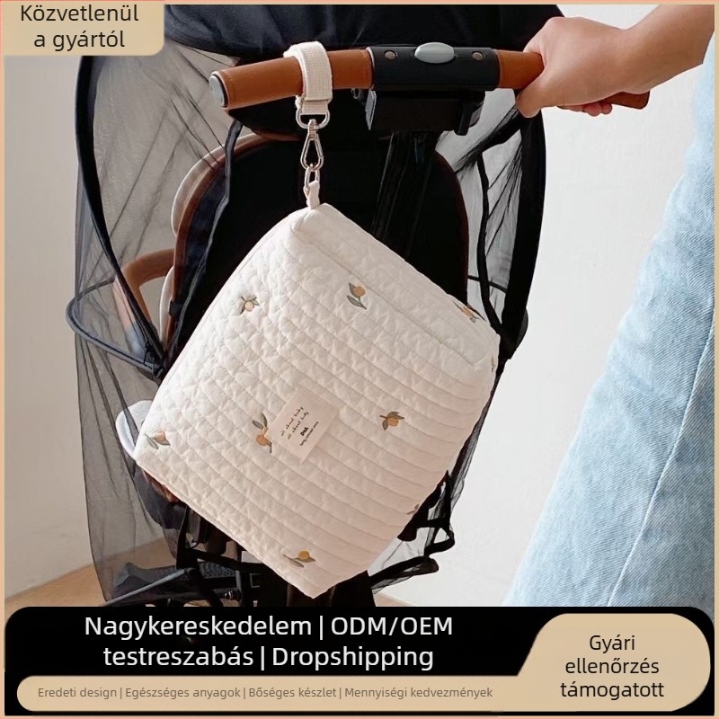 Koreai stílusú hímzett, mackós, steppelt babakocsi akasztós táska, cipzáras tárolótáska, anyuka táska, anya-baba pelenkázótáska
