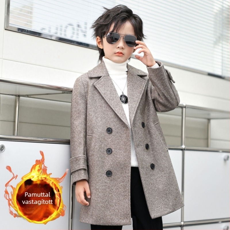 Fiú gyapjúkabát őszi-téli sokoldalú széldzseki, nyugati stílusú, meleg, középhosszú, koreai stílusú, jóképű gyermek gyapjúkabát