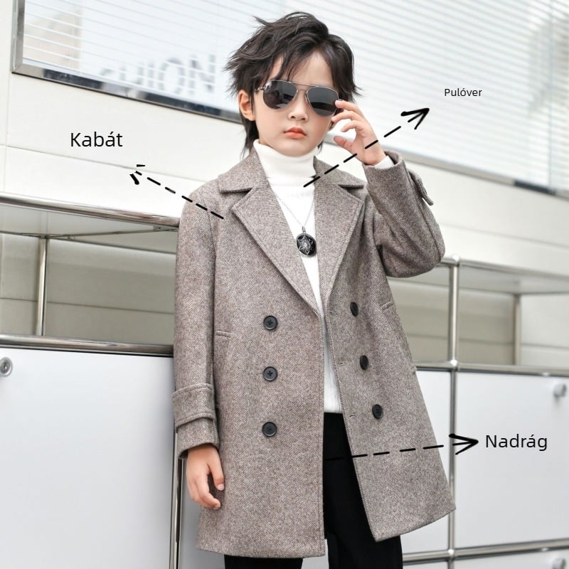 Fiú gyapjúkabát őszi-téli sokoldalú széldzseki, nyugati stílusú, meleg, középhosszú, koreai stílusú, jóképű gyermek gyapjúkabát