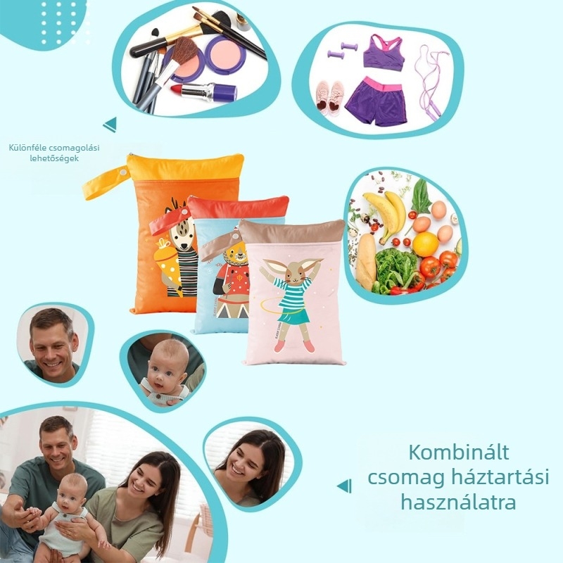 Határokon átnyúló dupla cipzáras kocsi akasztós táska pelenka vízálló tárolótáska nagy kapacitású 25 * 35cm nedveszsák