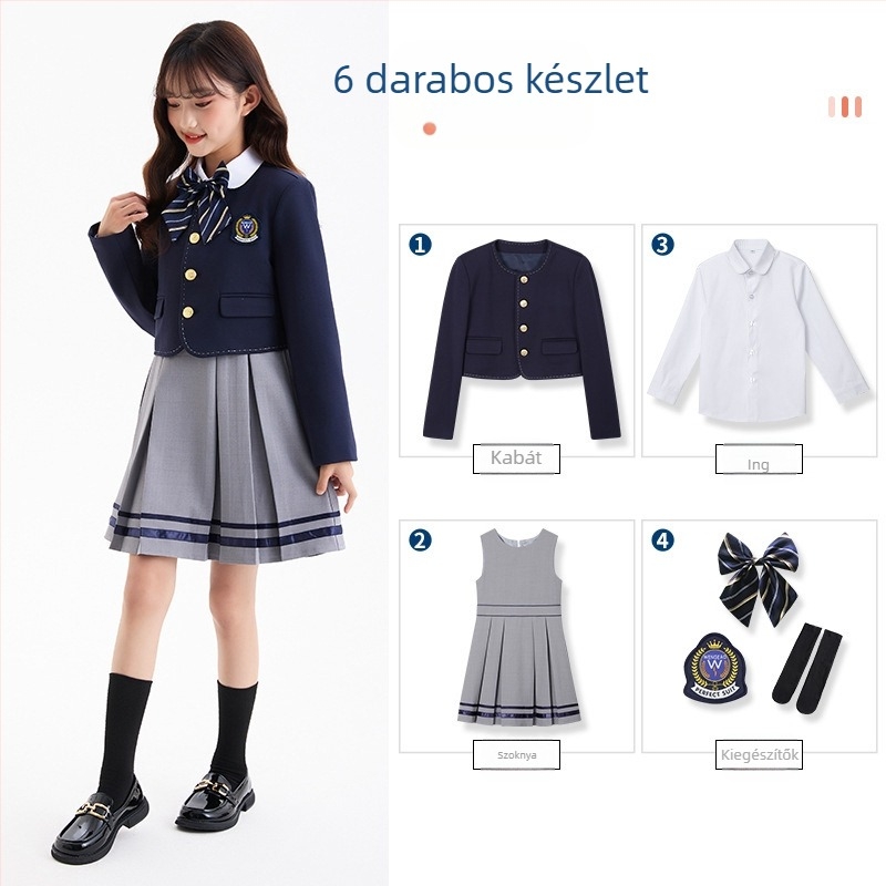 Gyerekruha szett fiúknak és lányoknak, Ősz és Tél, Hosszú ujjú zakó, Nadrág, Osztályi egyenruha, Iskolai egyenruha, Óvodai egyenruha, Brit stílusú