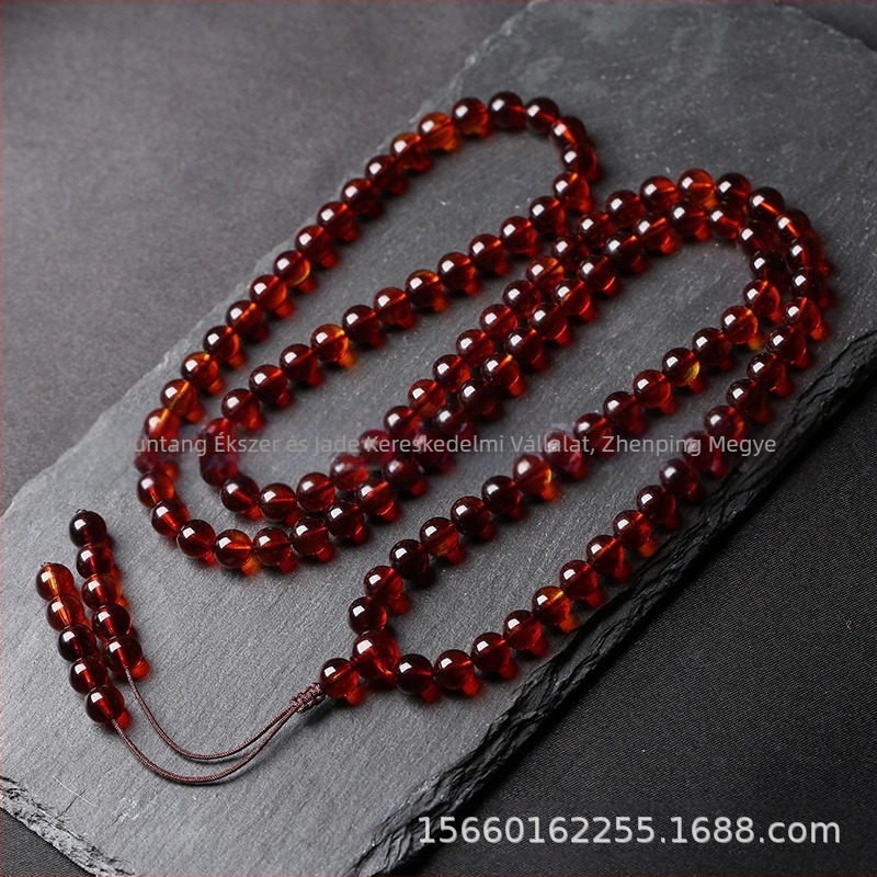 Gyártói nagykereskedelmi burmai vérborostyán második generációs 108 méhviasz gyöngy többkörös férfi és női kerek gyöngyös karkötő borostyánlánc