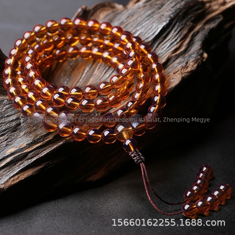 Gyártói nagykereskedelmi burmai vérborostyán második generációs 108 méhviasz gyöngy többkörös férfi és női kerek gyöngyös karkötő borostyánlánc