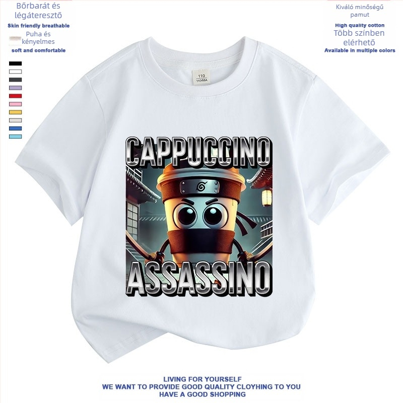 Cappuccino Ninja Absztrakt Külföldi Klasszikus Hegyek és Tengeri Olasz Brainrot Rövid Ujjú Fiú és Lány Póló Nyári