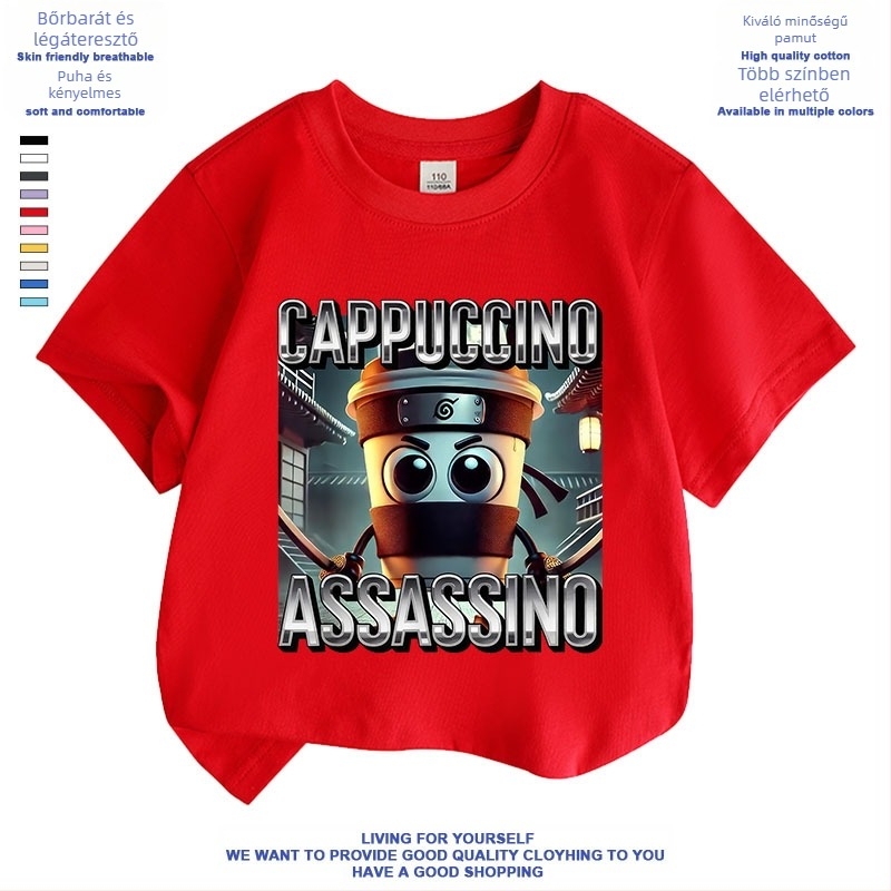 Cappuccino Ninja Absztrakt Külföldi Klasszikus Hegyek és Tengeri Olasz Brainrot Rövid Ujjú Fiú és Lány Póló Nyári