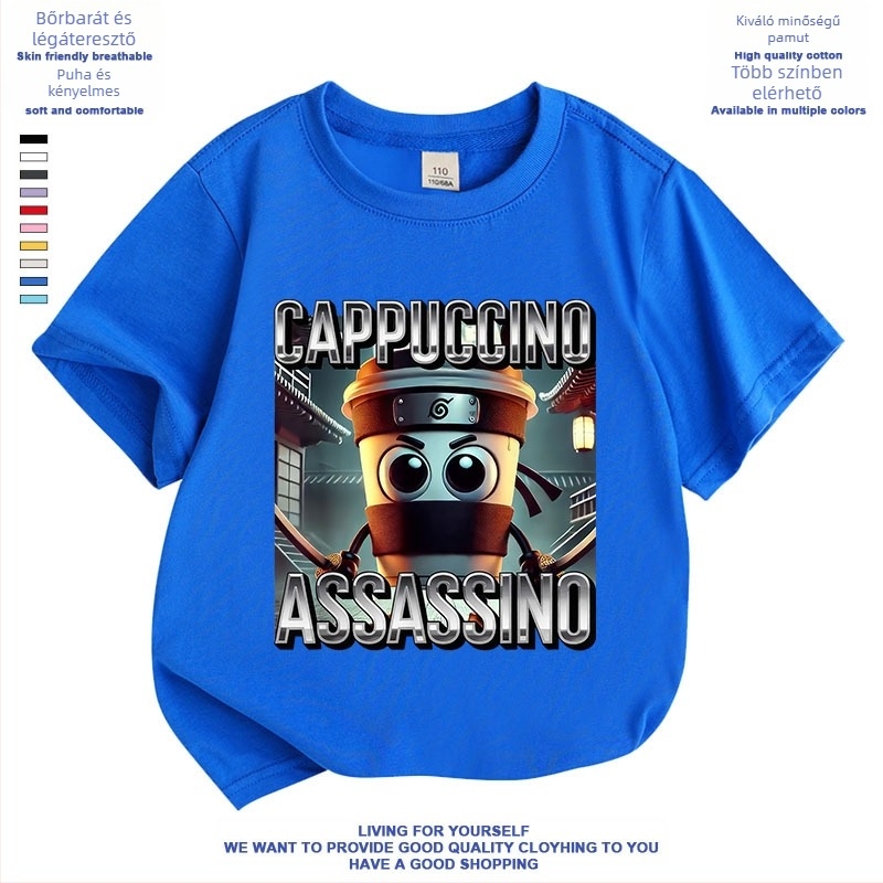 Cappuccino Ninja Absztrakt Külföldi Klasszikus Hegyek és Tengeri Olasz Brainrot Rövid Ujjú Fiú és Lány Póló Nyári