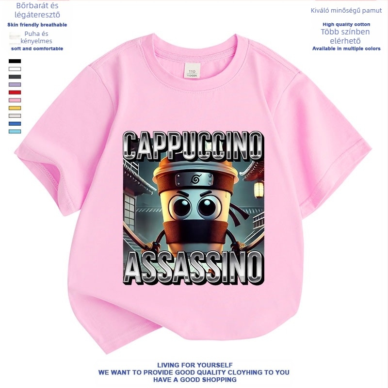 Cappuccino Ninja Absztrakt Külföldi Klasszikus Hegyek és Tengeri Olasz Brainrot Rövid Ujjú Fiú és Lány Póló Nyári