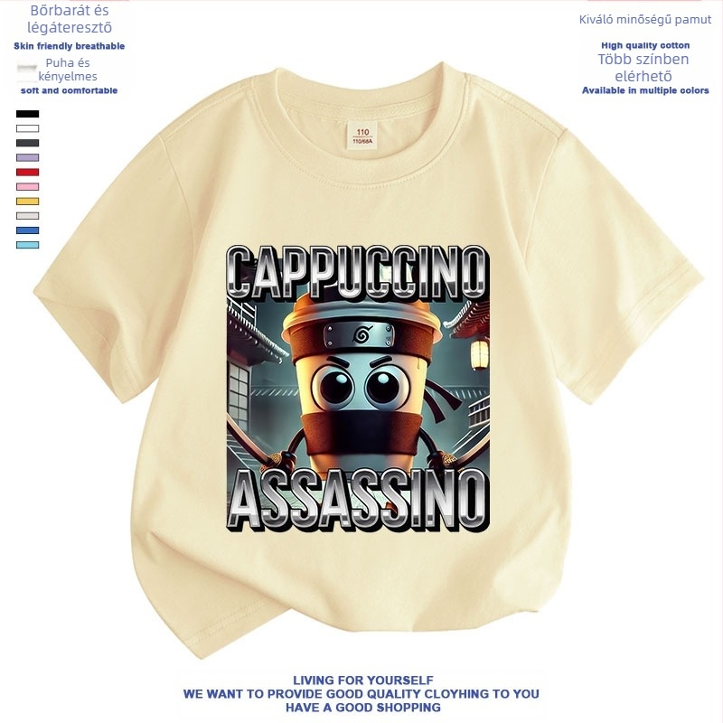 Cappuccino Ninja Absztrakt Külföldi Klasszikus Hegyek és Tengeri Olasz Brainrot Rövid Ujjú Fiú és Lány Póló Nyári