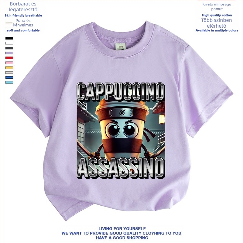 Cappuccino Ninja Absztrakt Külföldi Klasszikus Hegyek és Tengeri Olasz Brainrot Rövid Ujjú Fiú és Lány Póló Nyári