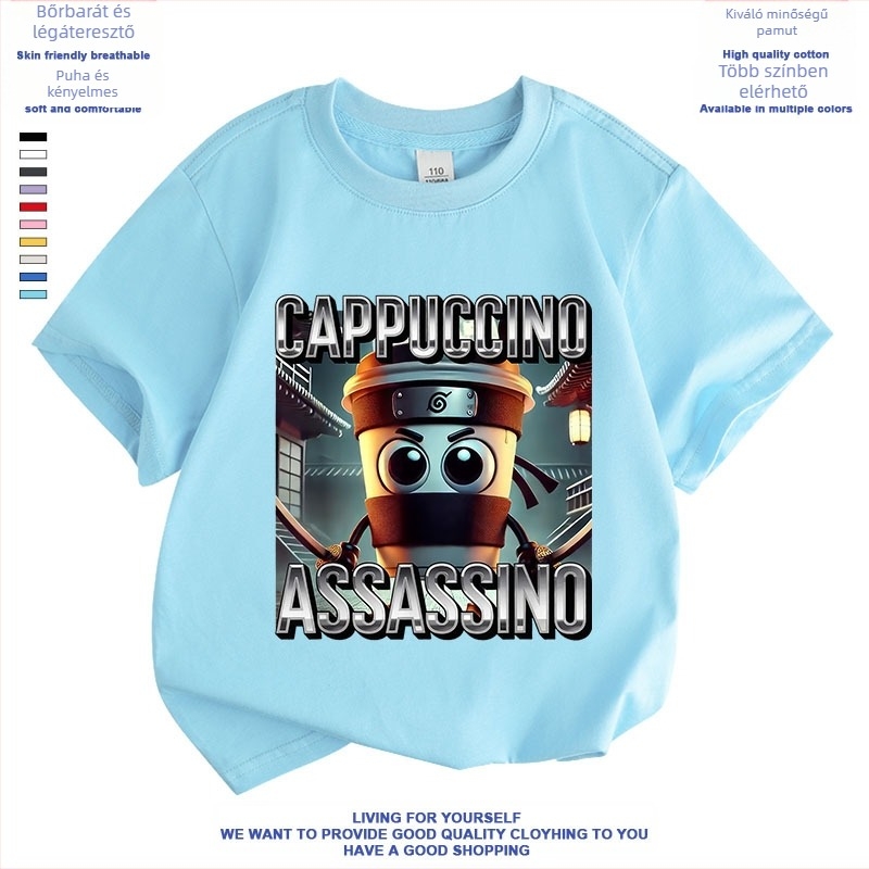 Cappuccino Ninja Absztrakt Külföldi Klasszikus Hegyek és Tengeri Olasz Brainrot Rövid Ujjú Fiú és Lány Póló Nyári