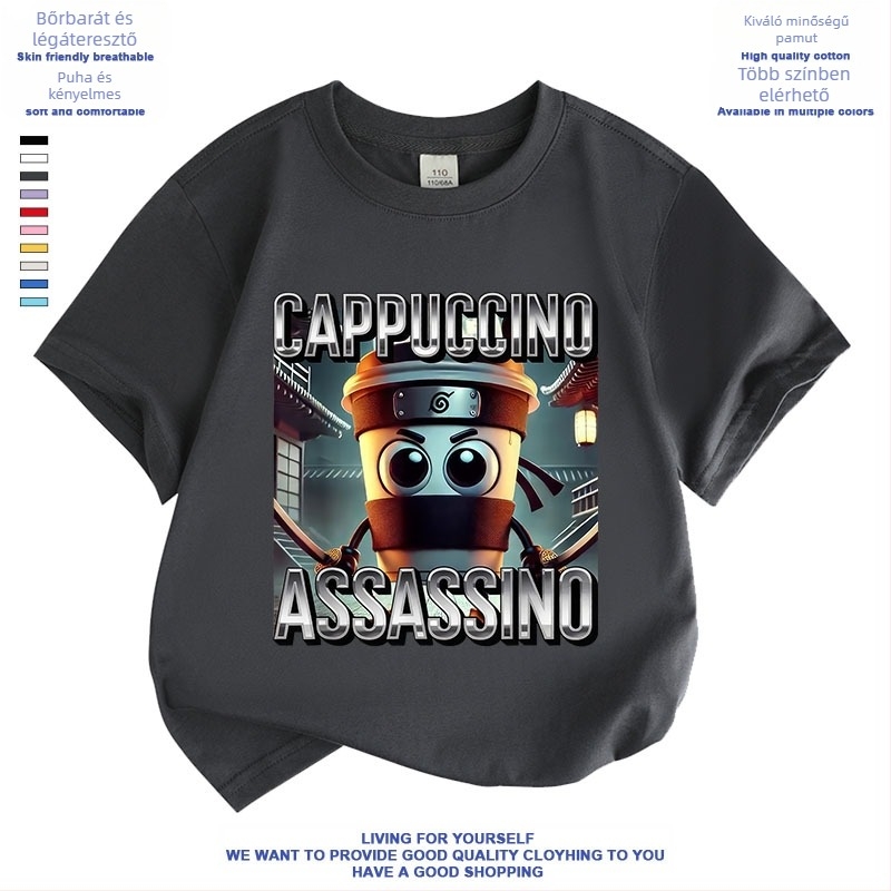 Cappuccino Ninja Absztrakt Külföldi Klasszikus Hegyek és Tengeri Olasz Brainrot Rövid Ujjú Fiú és Lány Póló Nyári
