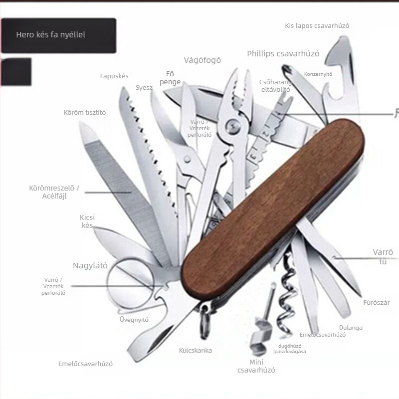 Nagykereskedelmi svájci multifunkciós kés kültéri kemping éles összecsukható gyümölcskés önvédelmi hordozható kombináció