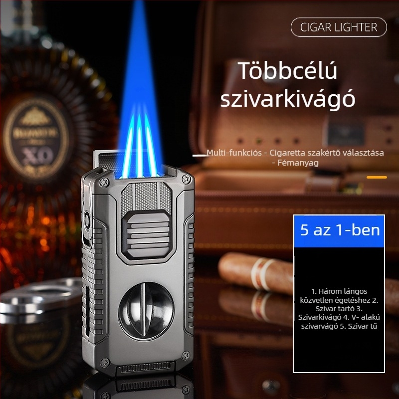 Kreatív Öt Az Egyben Három Tüzes Közvetlen Szivargyújtó V Alakú Szivarvágóval Hordozható Multifunkciós Öngyújtó