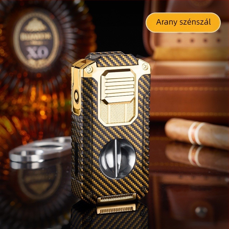 Kreatív Öt Az Egyben Három Tüzes Közvetlen Szivargyújtó V Alakú Szivarvágóval Hordozható Multifunkciós Öngyújtó