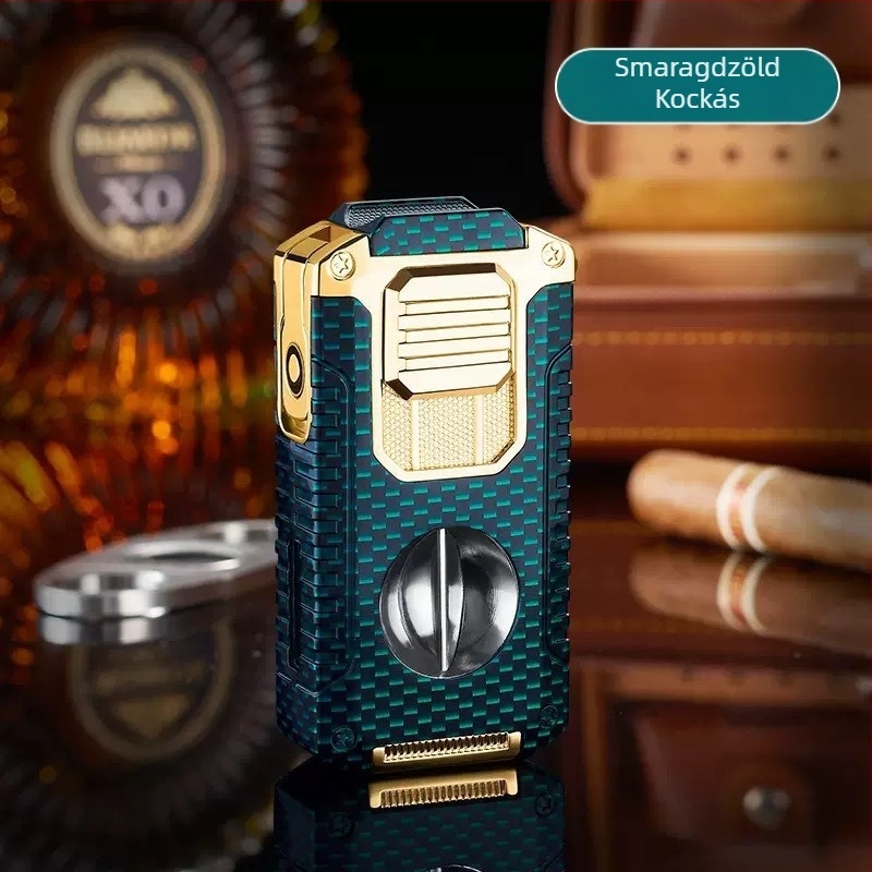 Kreatív Öt Az Egyben Három Tüzes Közvetlen Szivargyújtó V Alakú Szivarvágóval Hordozható Multifunkciós Öngyújtó