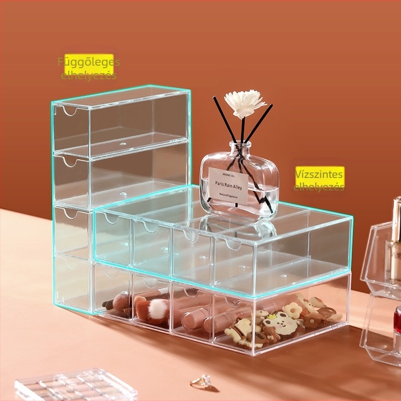Asztali fiókos szemüvegtároló doboz egyszerű átlátszó többrekeszes tárolódoboz diákkollégiumi kozmetikai cikkek szervező doboz