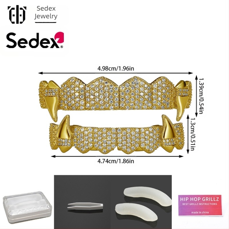 Halloween határokon átnyúló hip-hop fogszabályozó kiegészítők 14 karátos valódi arany galvanizált réz cirkónium fogszabályozó eltúlzott rap gyémánt fogszabályozó