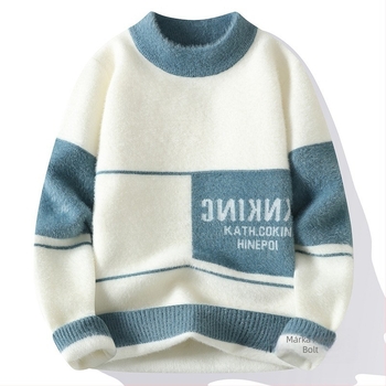 Férfi Mink fleece pulóver, karcsú szabás, jacquard kötés, fél magas gallér, őszi-téli 2024, poliészter-pamut keverék