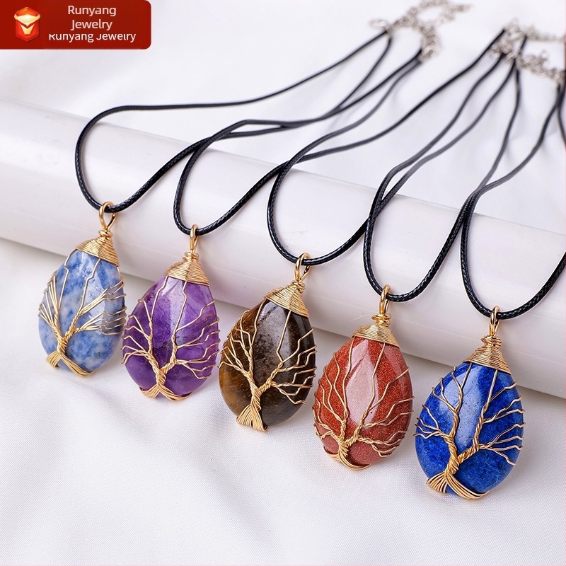 Határokon átnyúló, népszerű, természetes kristály életfa vízcsepp selyem medál kézzel szőtt energiakő nyaklánc ékszer nagykereskedelem