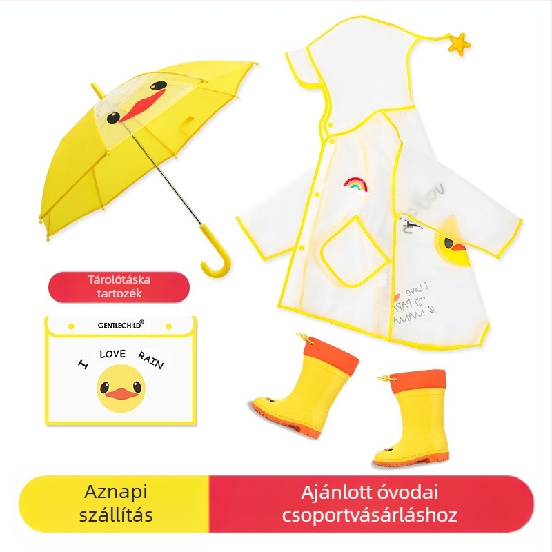 Gyermek esőkabát, fiú, átlátszó karimájú, sárga kacsamintás, teljes testet átfedő, hosszított, lányos, vízálló dinoszaurusz mintás esőkabát szett