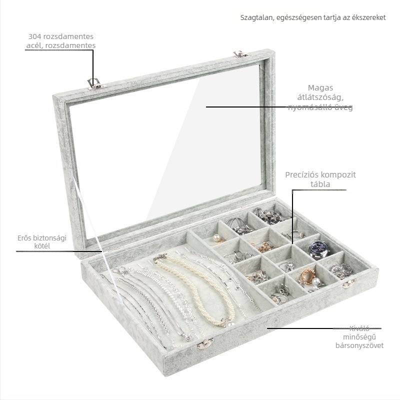 Bársony nagy kapacitású gyűrű ékszer tároló doboz átlátszó tálca ékszer nyaklánc ékszer ékszerdoboz tároló doboz