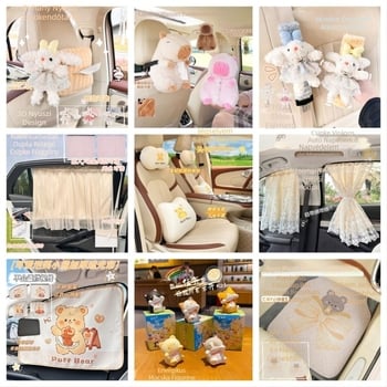 Sárga autóbelső kellékek aranyos rajzfilmfigurával, univerzális tejsárga autós kellékek nőknek minden évszakra