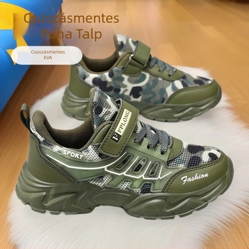 Gyermek álcázó cipők 2025 tavasz és nyár új lélegző hálós közepes és nagy méretű gyermek puha talpú csúszásgátló sportcipők gyártó nagykereskedelem