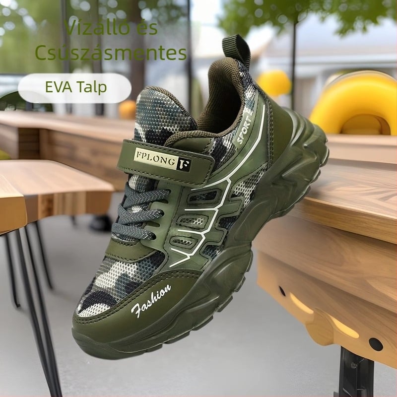 Gyermek álcázó cipők 2025 tavasz és nyár új lélegző hálós közepes és nagy méretű gyermek puha talpú csúszásgátló sportcipők gyártó nagykereskedelem