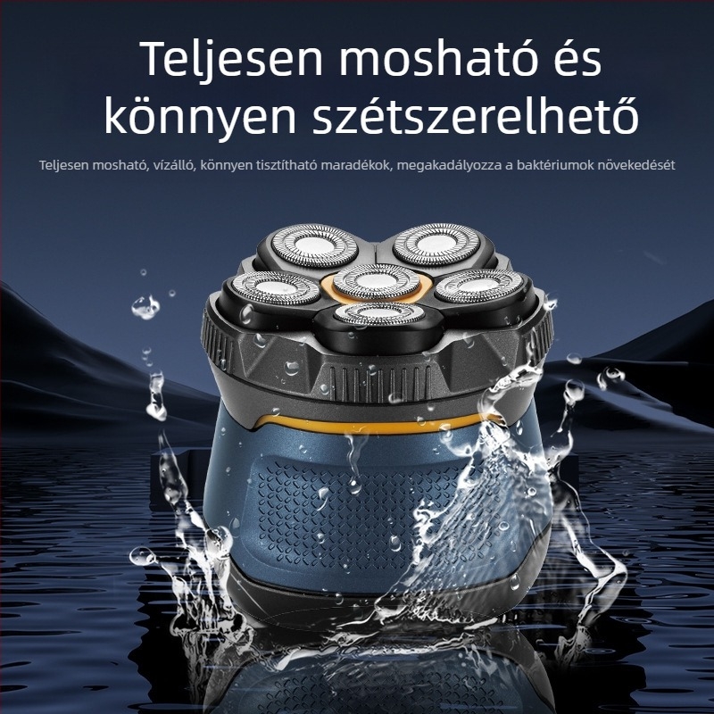 Férfi borotvafejes borotva teljes testmosáshoz, határokon átnyúló új, hatfejes elektromos borotvafej, újratölthető kopasz fejű műtárgy