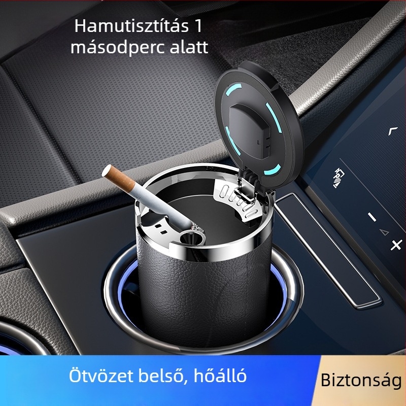 Autós hamutartó színes LED lámpával, arany belső tartály, egy gombbal nyitható fedél, nagy kapacitású hamutartó