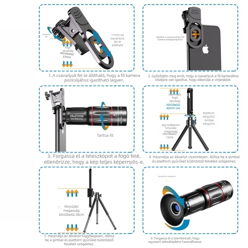 Mobiltelefon-teleszkópfej Nagyfelbontású teleobjektív Élő videó Koncert Horgászat Nagylátószögű makró Nagy teljesítményű objektív