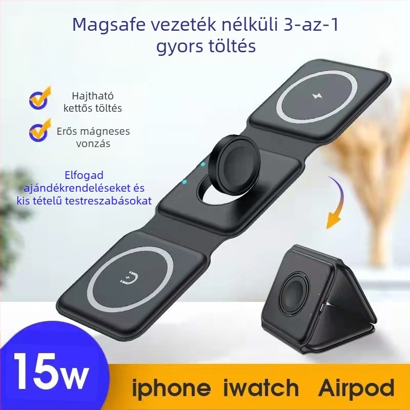 Új, összecsukható, mágneses, három az egyben Magsafe vezeték nélküli töltő Apple 12-14 hüvelykes mobiltelefon-headsethez és okosórához