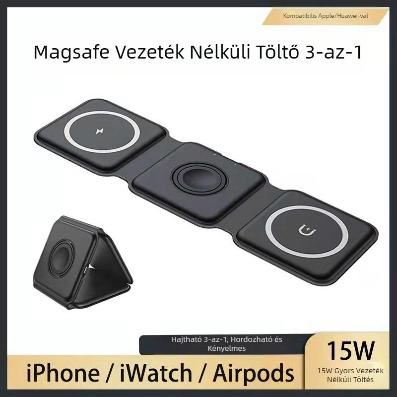 Új, összecsukható, mágneses, három az egyben Magsafe vezeték nélküli töltő Apple 12-14 hüvelykes mobiltelefon-headsethez és okosórához