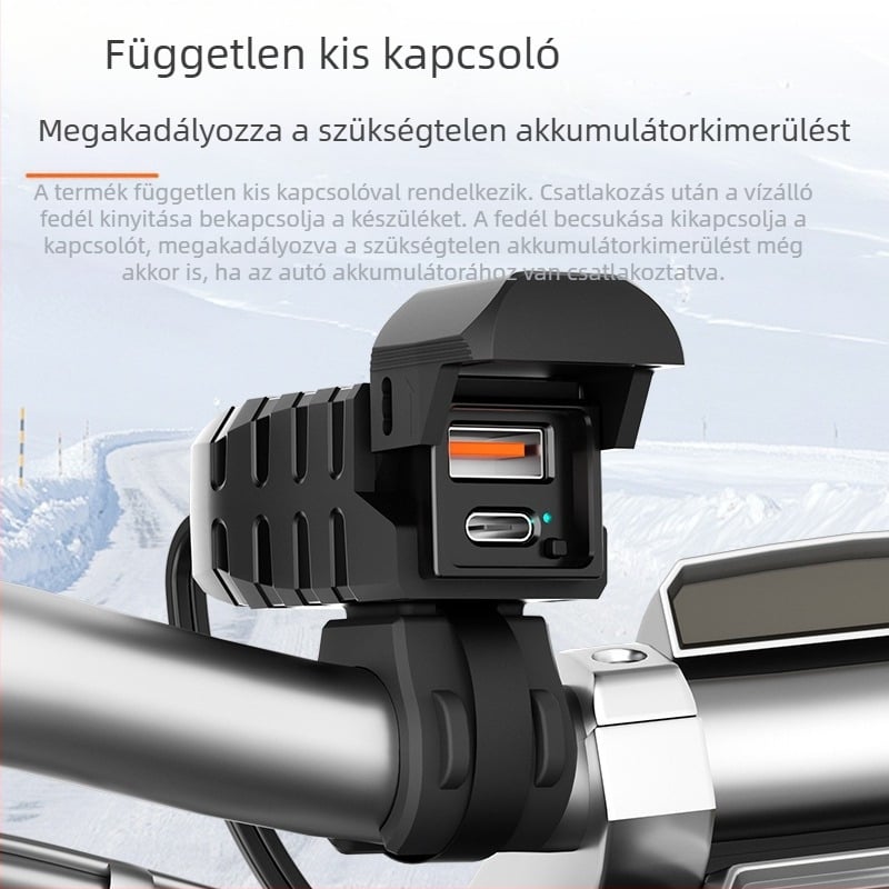 Motorkerékpár mobiltelefon-töltő mini kapcsolós kijelzőfénnyel, Pd szupergyors töltés, vízálló, intelligens kijelző