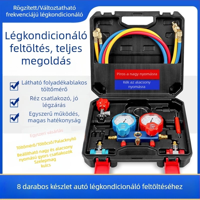 Autóklíma hűtőközeg fluorométer dupla mérő hóvetőmag palacknyitó Freon cső magas és alacsony nyomású gyors rézcsatlakozó szerszám